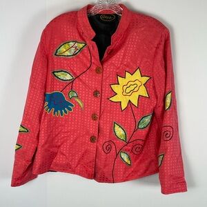 Unique Vintage Pink Floral Embroidered Jacket Lined Button Blazer Size Medium
